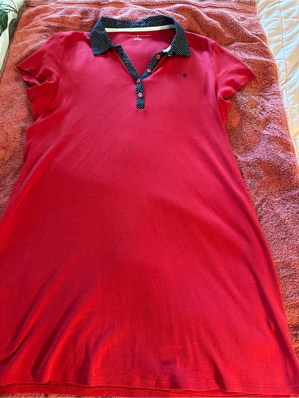 Tommy Hilfiger Red Dress with Navy Polka Dot Trim